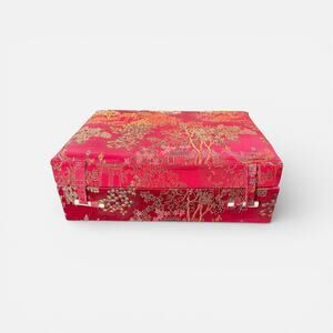 Vintage Red Asian Silk Jewelry Box Organizer Brocade Dragon Pagoda Motif 10”